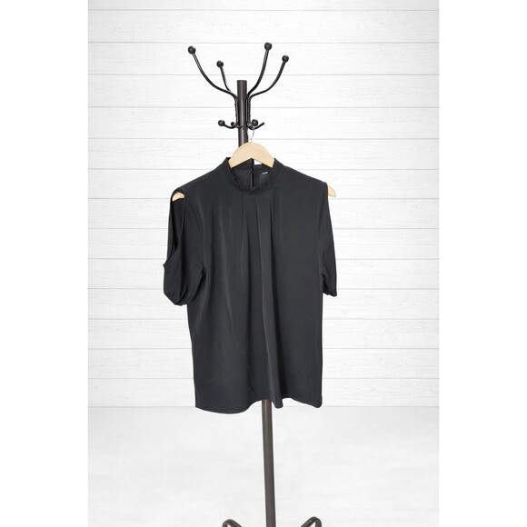 Highneck Ruffle Puff Short Short Sleeve Black Blouse Large - Picture 2 of 6